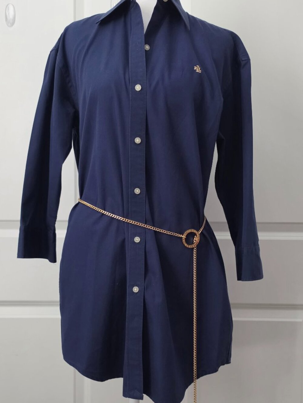 Ralph Lauren Women's Navy Tunic Top with Gold Belt Size Small